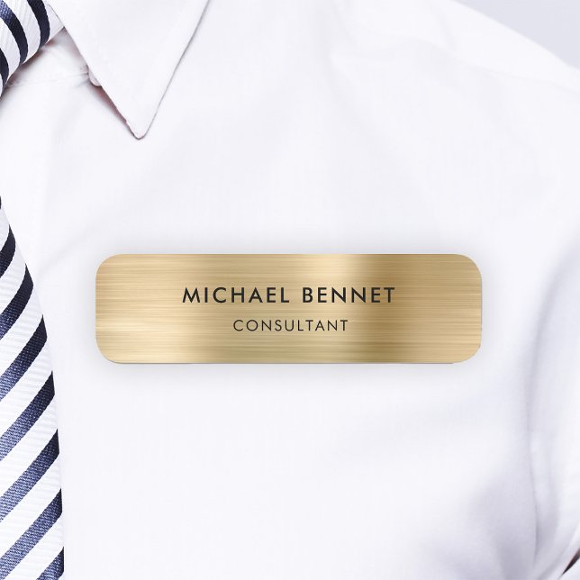 Etiqueta De Nome Empresa Dourada elegante de Cinzas Metálicas (Elegant Gold Metallic Professional Business Name Tag)