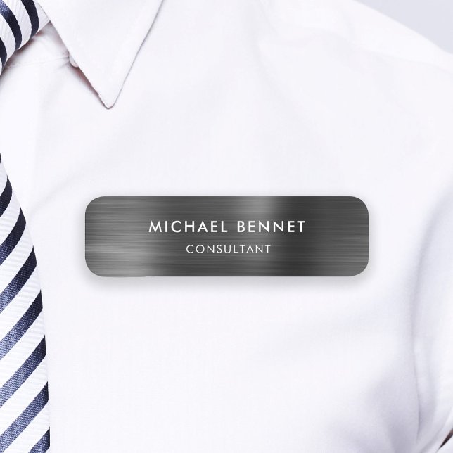 Etiqueta De Nome Empresa Elegante de Metálico Negro (Elegant Black Metallic Professional Business Name Tag)