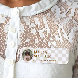 Etiqueta De Nome Foto com padrão xadrez moderno boho retrô vintage