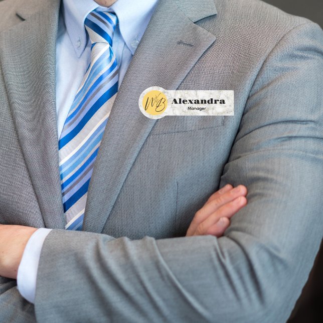 Etiqueta De Nome Funcionário Dourado do restaurante moderno Marble  (Criador carregado)