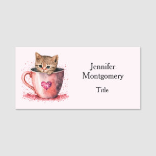 Etiqueta De Nome Gatinho Bonito num Teacup com Corações