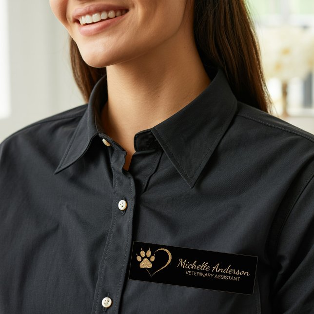 Etiqueta De Nome Gold glitter Paw Heart Veterinary Vet Business   (Criador carregado)