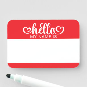 Etiqueta De Nome Hearts Red and White Hello Meu Nome É