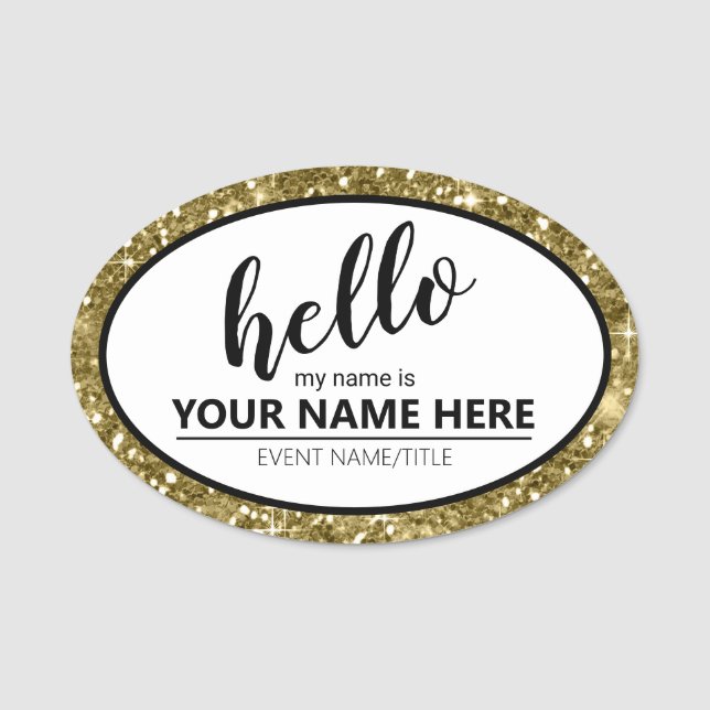 Etiqueta De Nome Hello Glitter Border ID633 Dourado (Frente)