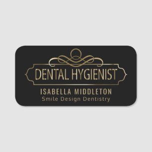 Etiqueta De Nome Higienista dental - preto e ornamentado do ouro