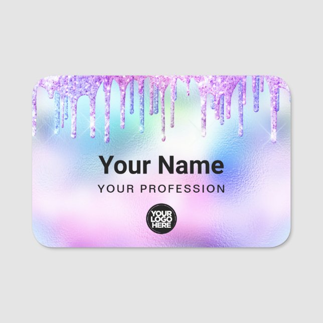 Etiqueta De Nome Holographic  Trendy Cute Glitter Drips Employee (Frente)