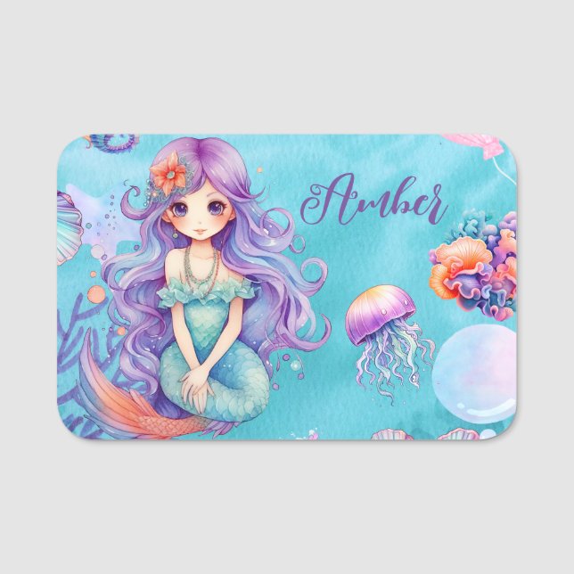 Etiqueta De Nome Kawaii Mermaid Party (Frente)