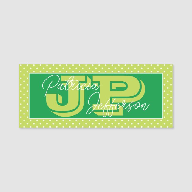 Etiqueta De Nome Kelly Green E Lemon Yellow Bolinhas Monogramada (Frente)