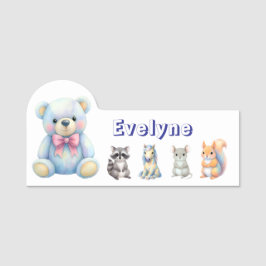 Etiqueta De Nome Kids Party Planner Pastel Teddy Bear Logotipo QR