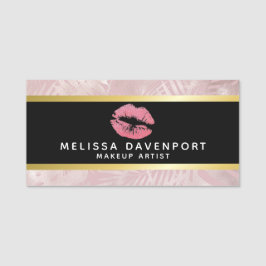 Etiqueta De Nome Lábios brilhantes cor-de-rosa e folhas tropicais D