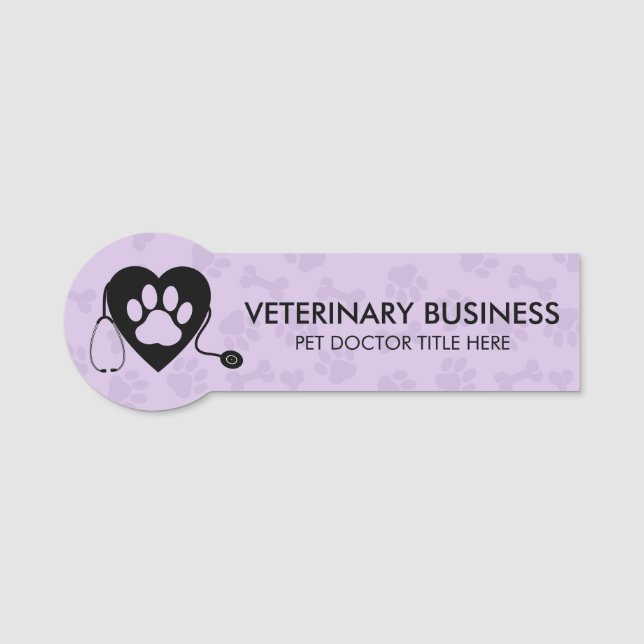 Etiqueta De Nome Lilac Veterinarian Paw Heart Stethescope Pet (Frente)