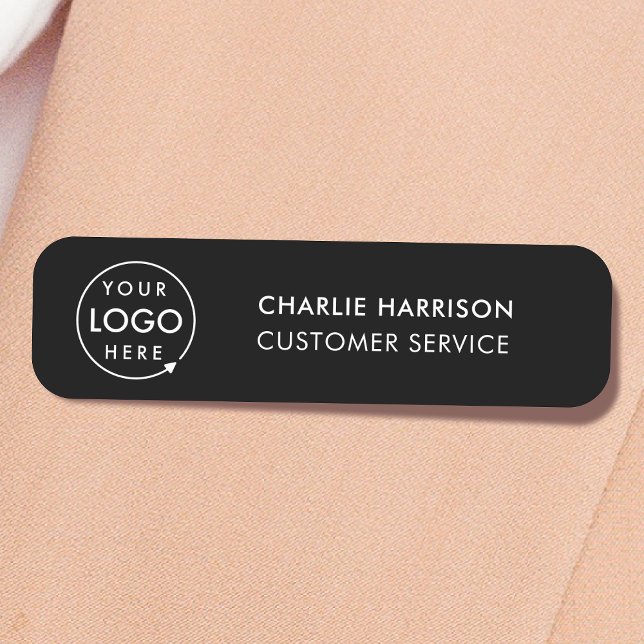 Etiqueta De Nome Logotipo da empresa | Funcionarios Preto para Func (Sleek black company branded staff name tags for team & employee identification.)
