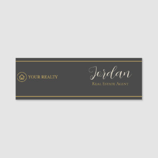 Etiqueta De Nome Logotipo de Agente Imobiliário Charcoal Gold Funci