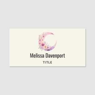 Etiqueta De Nome Lua de Crescente Rosa com Flores Bonito