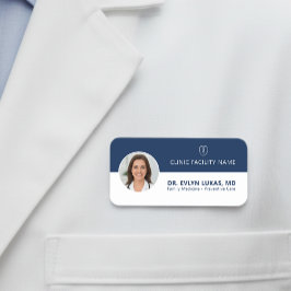 Etiqueta De Nome Medical Doctor Photo Navy Blue Minimalist