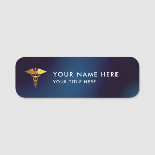 Etiqueta De Nome Médico Caduceu Elegante em Azul Marinho e Dourado
