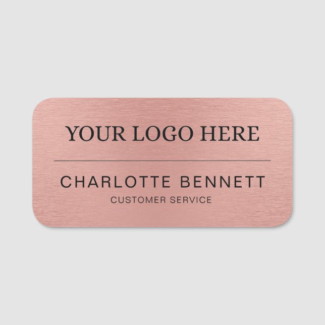 Etiqueta De Nome Metallic Rose Gold Logo Office Employee Staff (Frente)