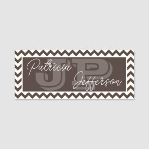 Etiqueta De Nome Moda Marrom Mocha Chevron Monograma Única