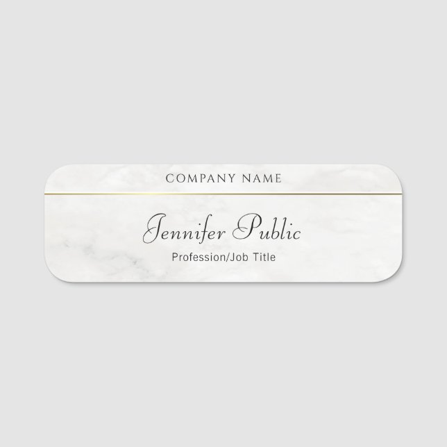 Etiqueta De Nome Modelo Branco com Script Manuscrito Dourado (Frente)