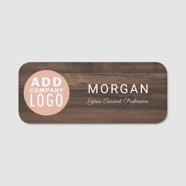 Etiqueta De Nome Modern Business Logo Rustic Wood Look Employees (Frente)
