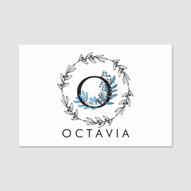 Etiqueta De Nome Monograma Floral Azul - Letra O (Frente)