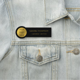 Etiqueta De Nome Nome do funcionário preto e Dourado Logotipo comer