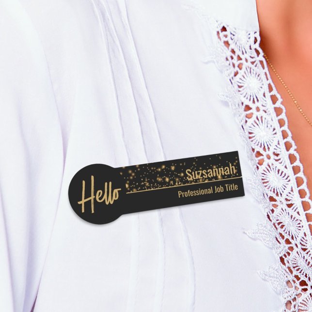 Etiqueta De Nome Olá Faux Dourado Bokeh Black & Dourado Professiona (business name tag)