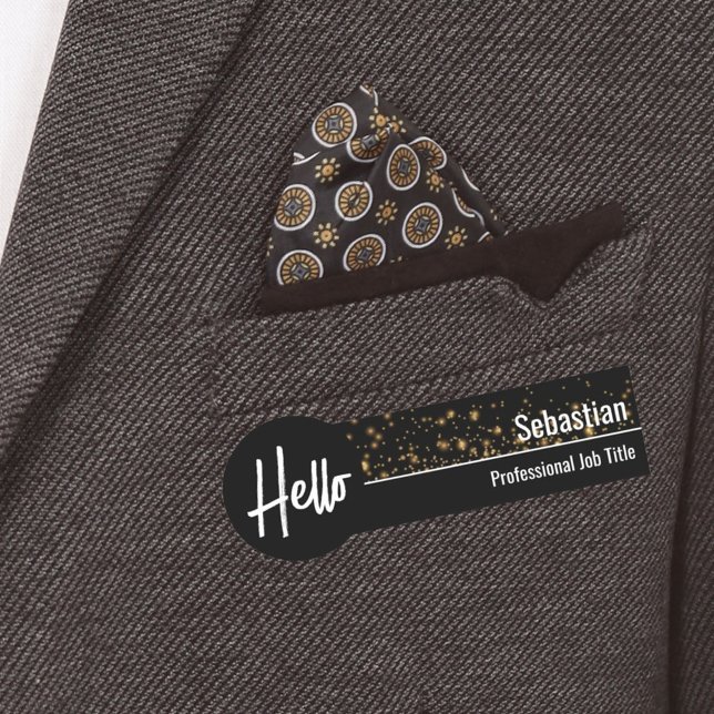 Etiqueta De Nome Olá Faux Dourado Bokeh Black & Dourado Professiona (business name tag)