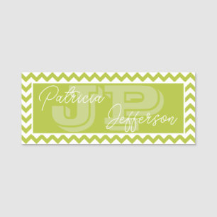Etiqueta De Nome Padrão Chic Apple Green Chevron: Monograma Elegant