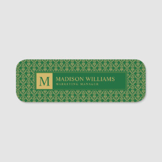 Etiqueta De Nome Padrão Damask Seamless Verde Esmeralda e Dourado