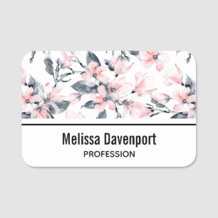 Etiqueta De Nome Padrão Floral de Aquarela Rosa e Cinza