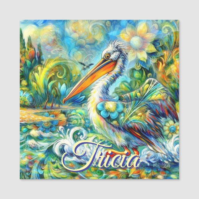Etiqueta De Nome Pássaro Pelicano no País das Maravilhas Personaliz (Frente)