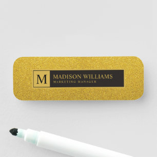 Etiqueta De Nome Personalizado Monograma Preto e Dourado com Brilho