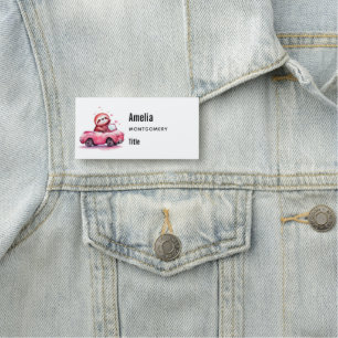 Etiqueta De Nome Preguiça Fofa Dirigindo um Conversível Rosa