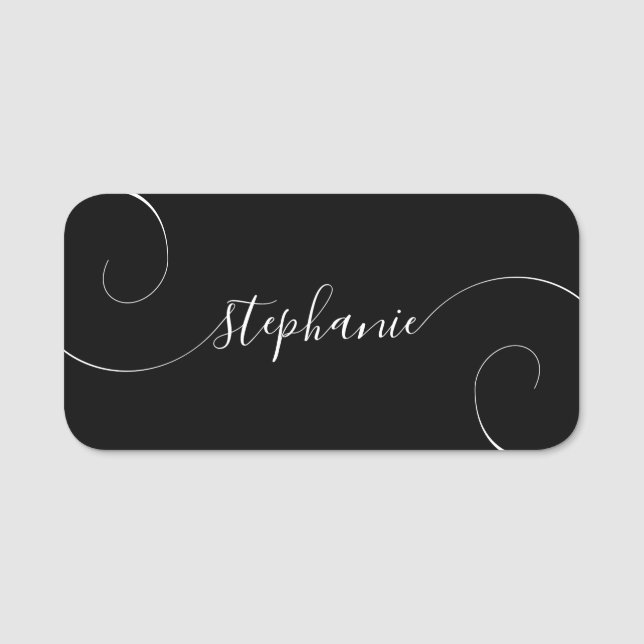 Etiqueta De Nome Preto e Branco Elegante Roteiro Curly (Frente)