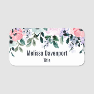 Etiqueta De Nome Púrpura Rosa e Aquarela Floral Verde