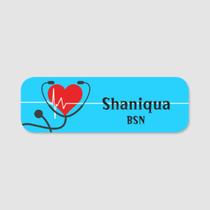 Etiqueta De Nome Red Heart EKG e Stethoscope Medical Blue