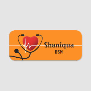 Etiqueta De Nome Red Heart EKG e Stethoscope Medical Tangerine
