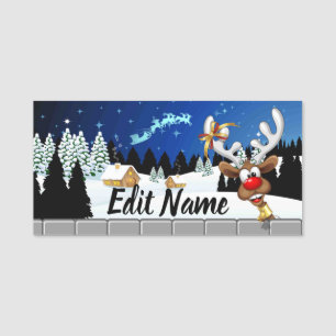 Etiqueta De Nome Rena de Natal Engraçada Espiando Meme de Natal