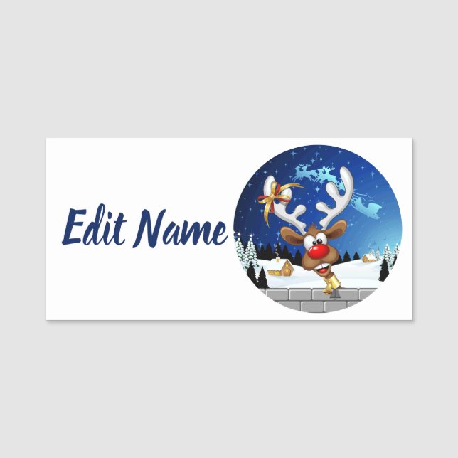 Etiqueta De Nome Rena Fofa Espiando Meme de Natal (Frente)