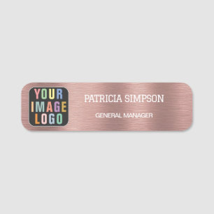 Etiqueta De Nome Rosa Bruto Dourado: Logotipo, Nome e Cargo da Empr