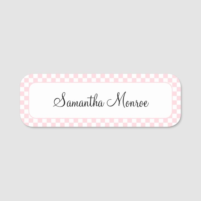 Etiqueta De Nome Rosa Pastel e Xadrez Branco (Frente)