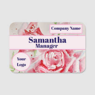 Etiqueta De Nome Rosas de aquarela Chique rosa vermelha cor-de-água