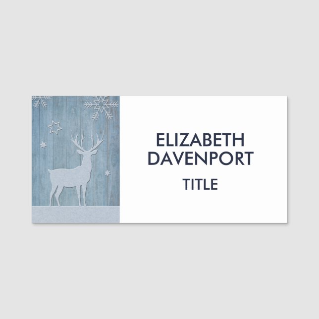 Etiqueta De Nome Rustic Blue Wood Reindet — Natal (Frente)