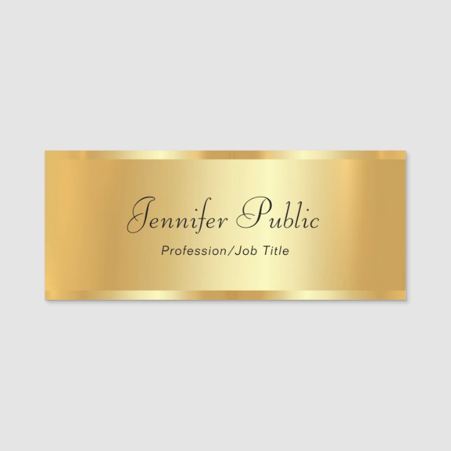 Etiqueta De Nome Script Dourado de Modelo de Texto Personalizado (Frente)