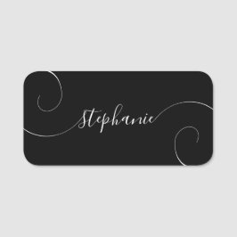 Etiqueta De Nome Script Elegante Preto e Branco Curvo