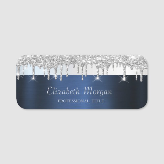 Etiqueta De Nome Silver Glitter Drips Navy Blue (Frente)