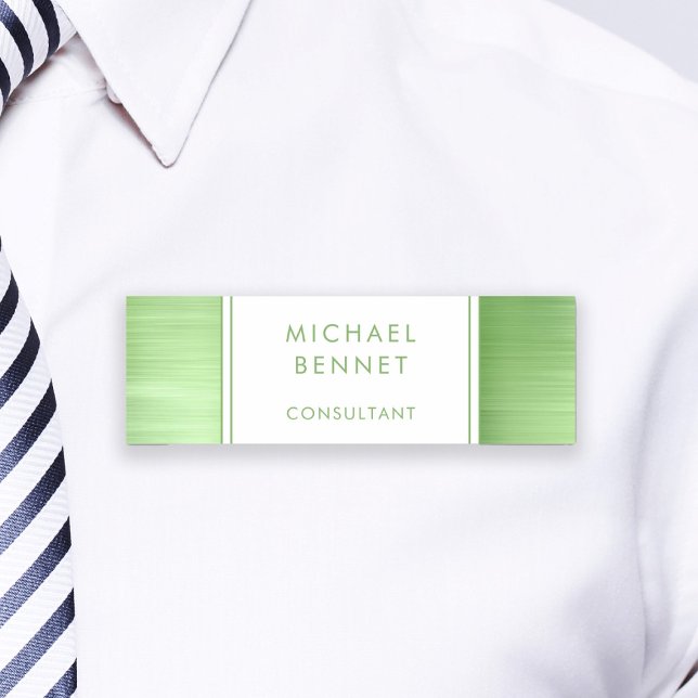 Etiqueta De Nome Verde limão elegante escovado negócios metálicos (Elegant Lime Green Brushed Metallic Business Name Tag)