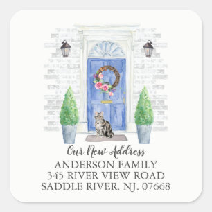 Etiqueta de novo endereço azul de porta de gato m