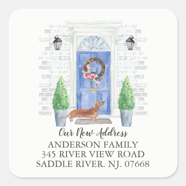 Etiqueta de Novo Endereço Azul de Porta Tan Dachsh (Frente)